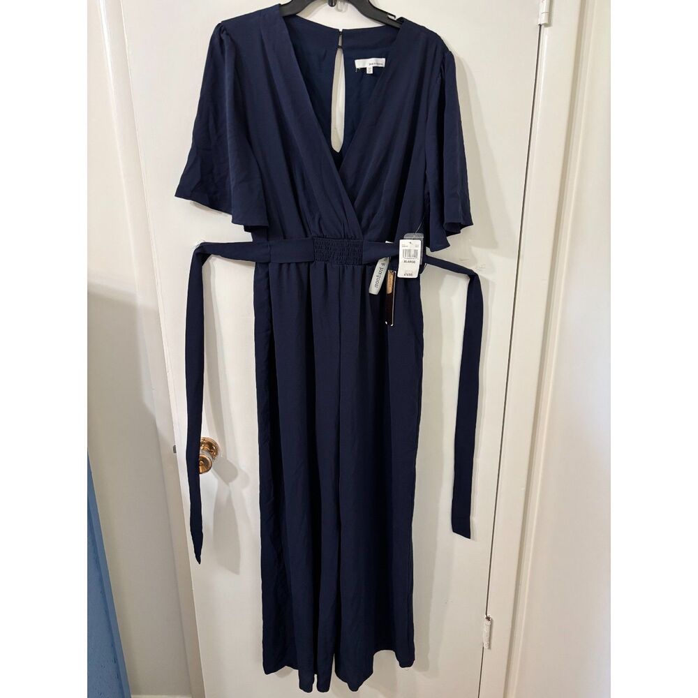 June & Hudson NWT W XL Navy Faux Wrap Flutter Sleeve Keyhole Back Maxi Jumpsuit